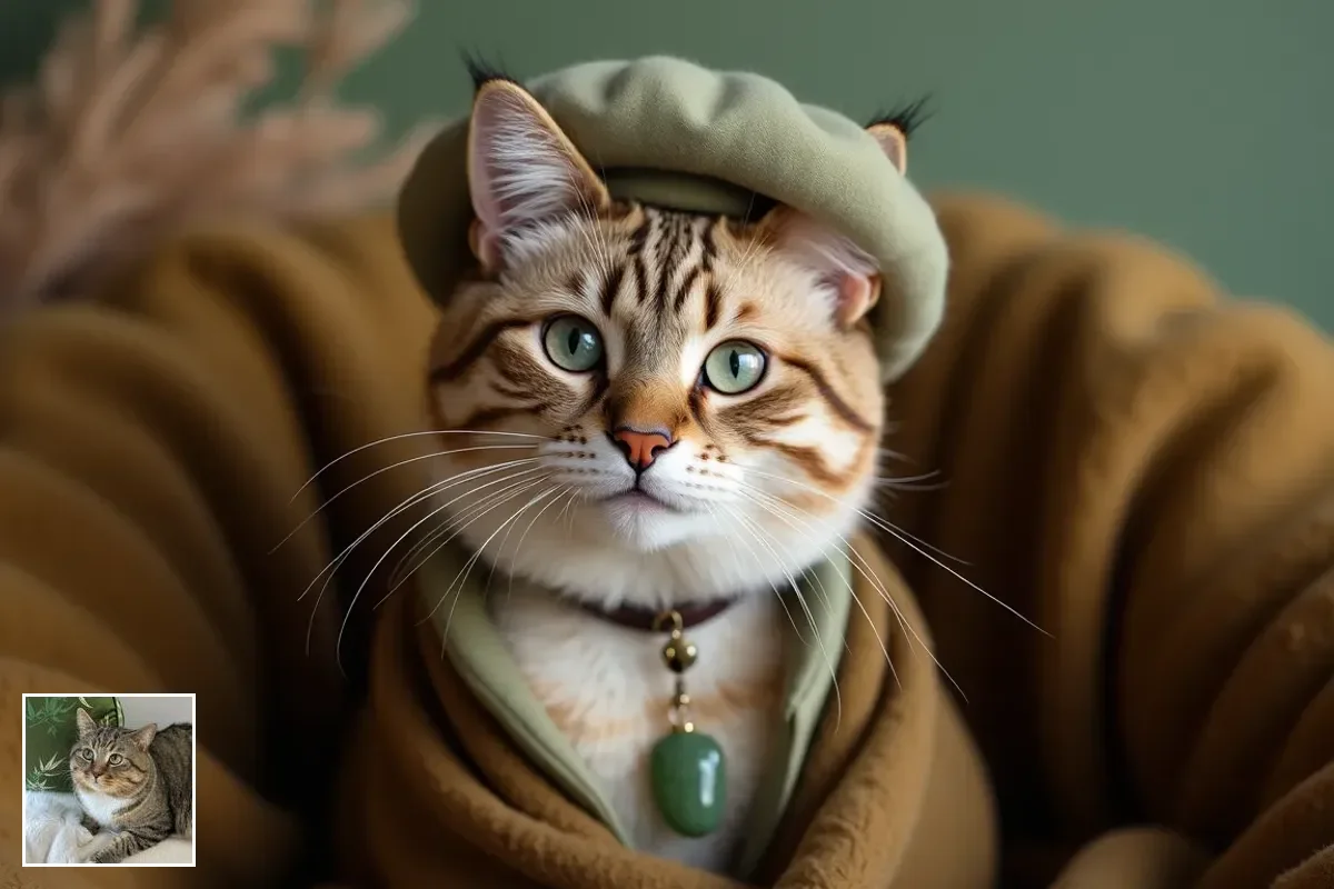Emerald Muse fashion portrait - elegant cat with sage green accessories